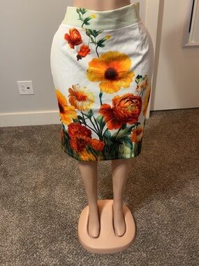 White Pencil Skirt with Orange & Yellow Floral Print